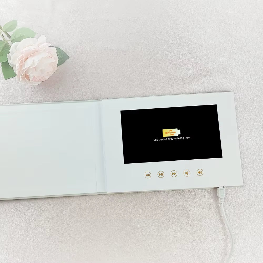 Luxury Linen Bound Video Book Wedding Video Album up to 3 Hours of Video, 7” IPS Display, 4GB of Memory and Rechargeable Battery