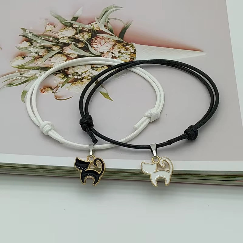 New Fashion Couple Bracelet Stitching Heart Bracelets Women Cute Cat Pendant Romantic Valentine'S Day Present for Lovers